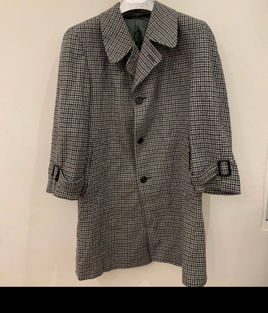 1970s vintage pure wool handwoven tweed houndstooth union made over coat 40R 40S