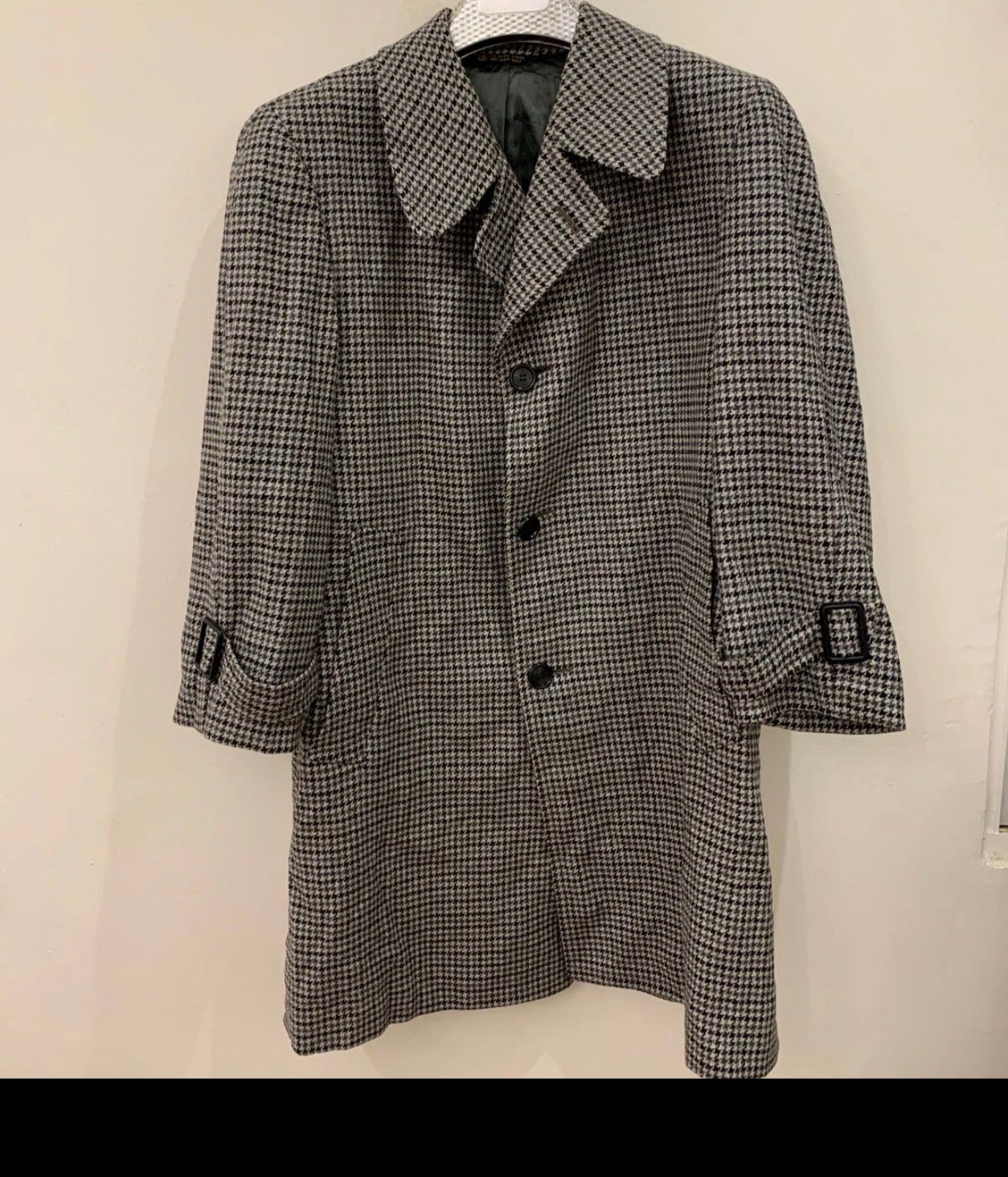 1970s vintage pure wool handwoven tweed houndstooth union made over coat 40R 40S