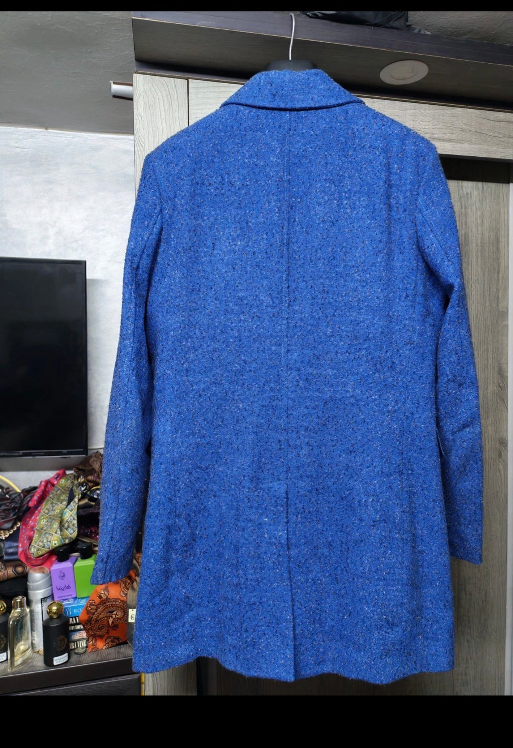 Classic style wool blended unique Azure blue jacket over coat 38R 38L