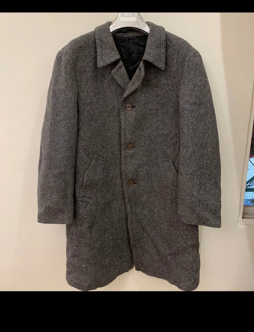 Vintage pure wool handwoven tweed classic herringbone gray over coat 46R XL
