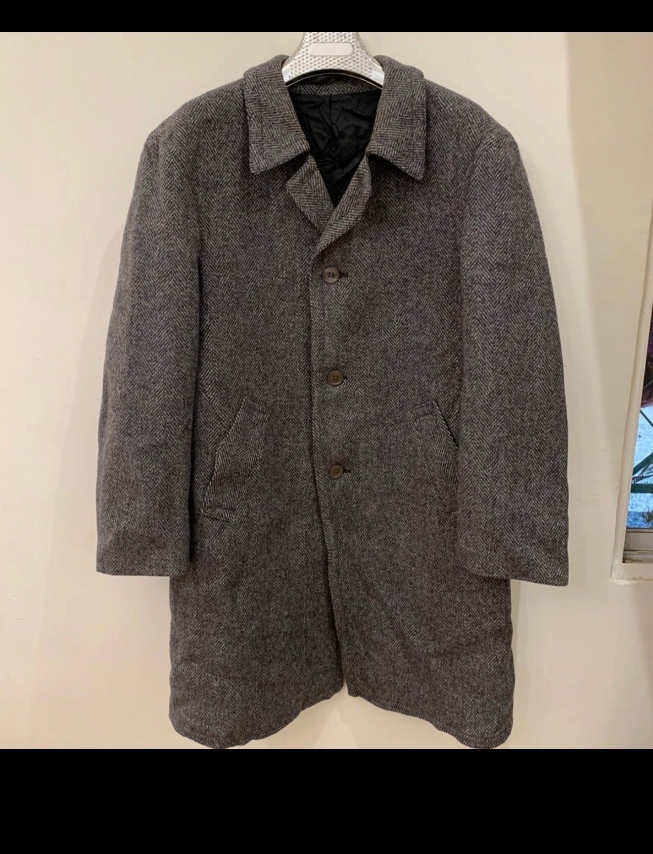 Vintage pure wool handwoven tweed classic herringbone gray over coat 46R XL