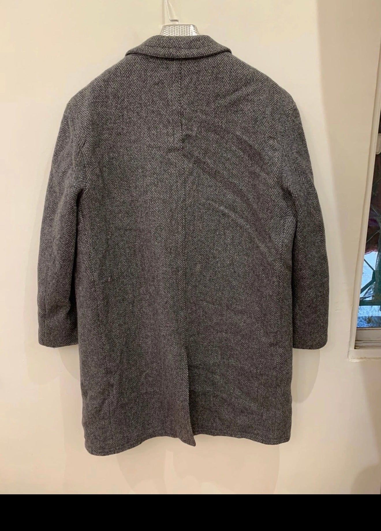 Vintage pure wool handwoven tweed classic herringbone gray over coat 46R XL
