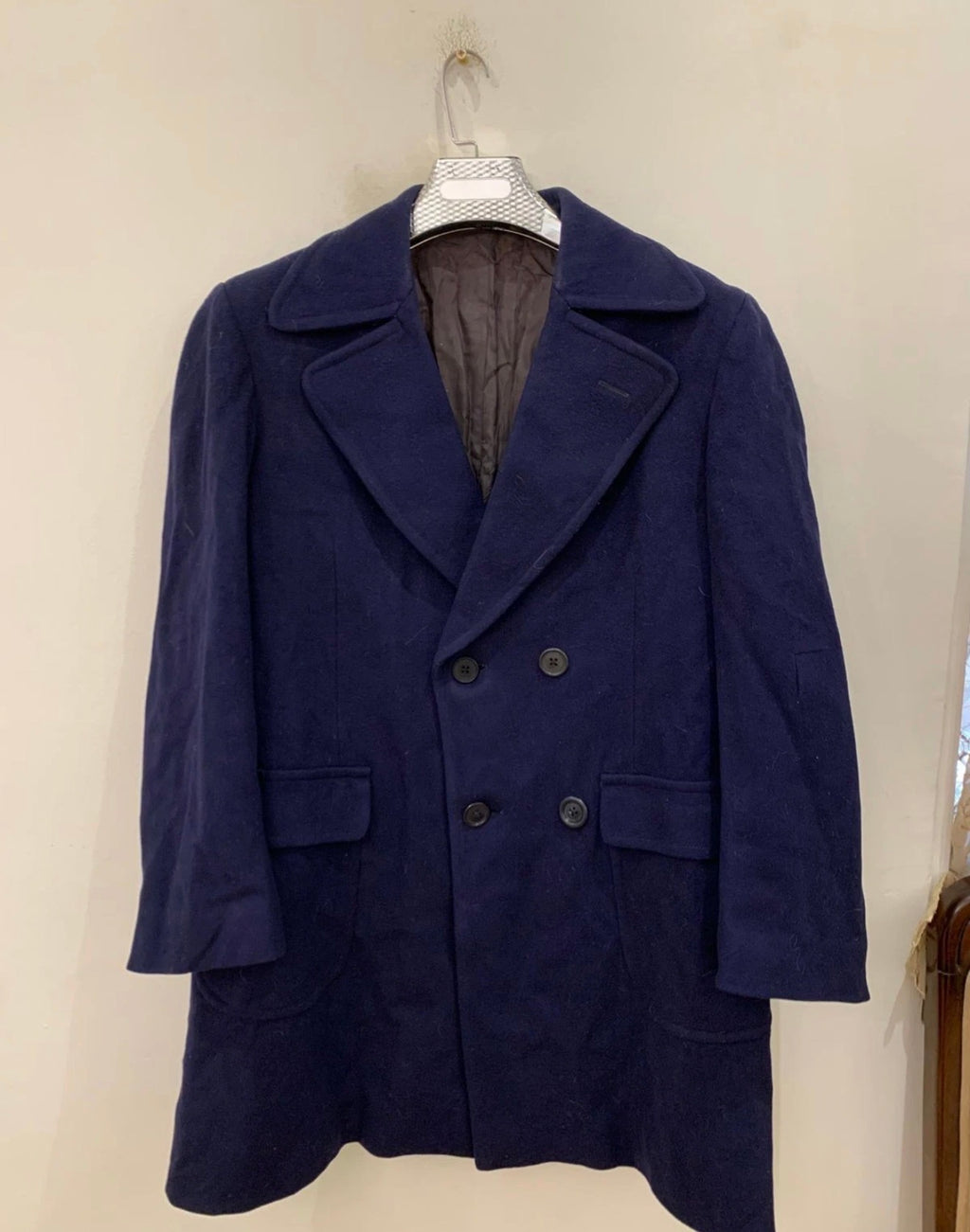 1970s Vintage pure woollen wool Navy double breasted Belted over coat 40R