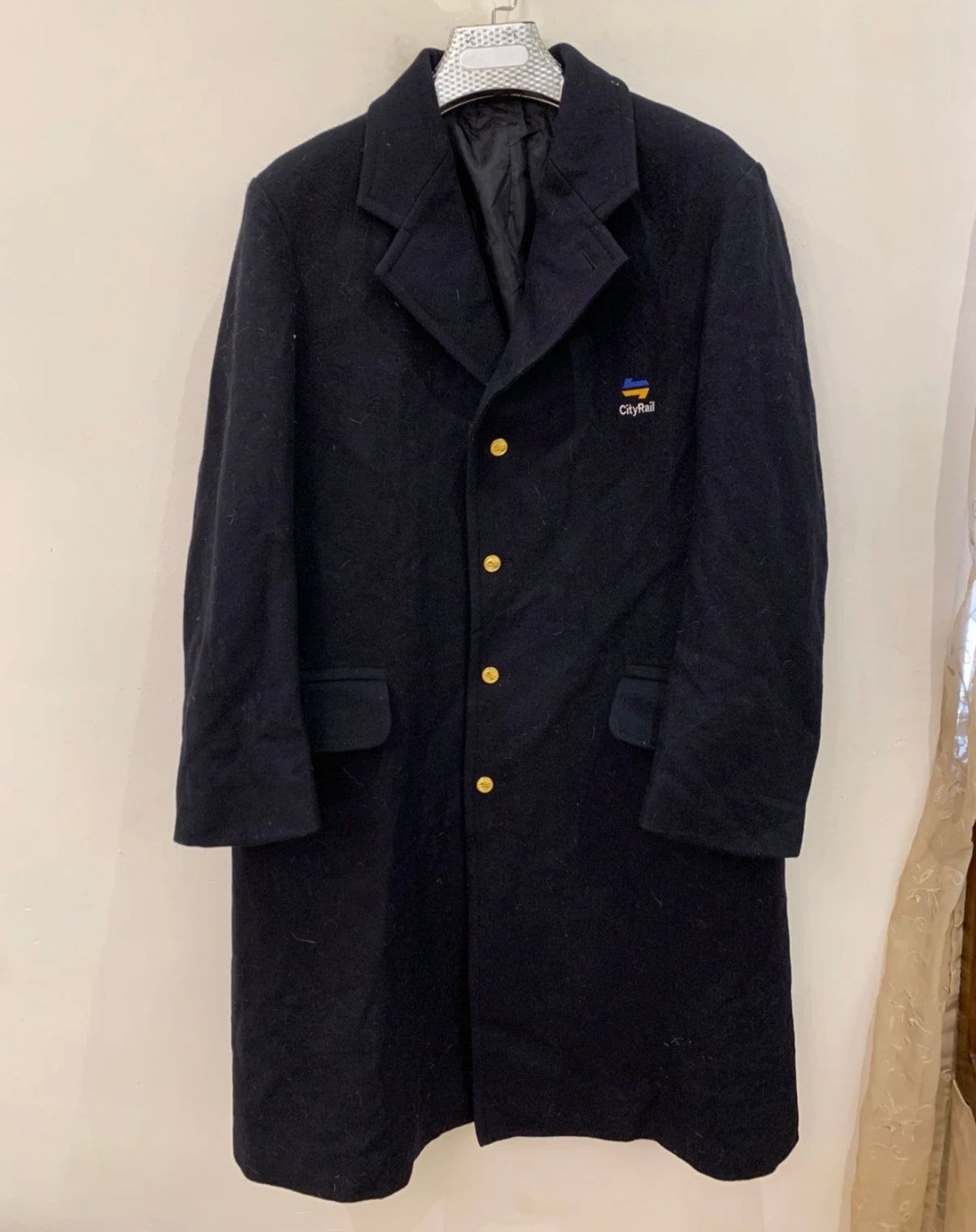 Vintage pure woollen wool classic gold button navy over coat 44R