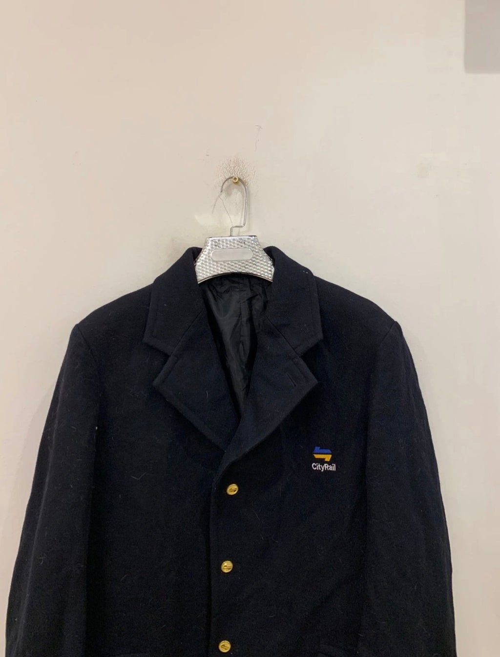 Vintage pure woollen wool classic gold button navy over coat 44R