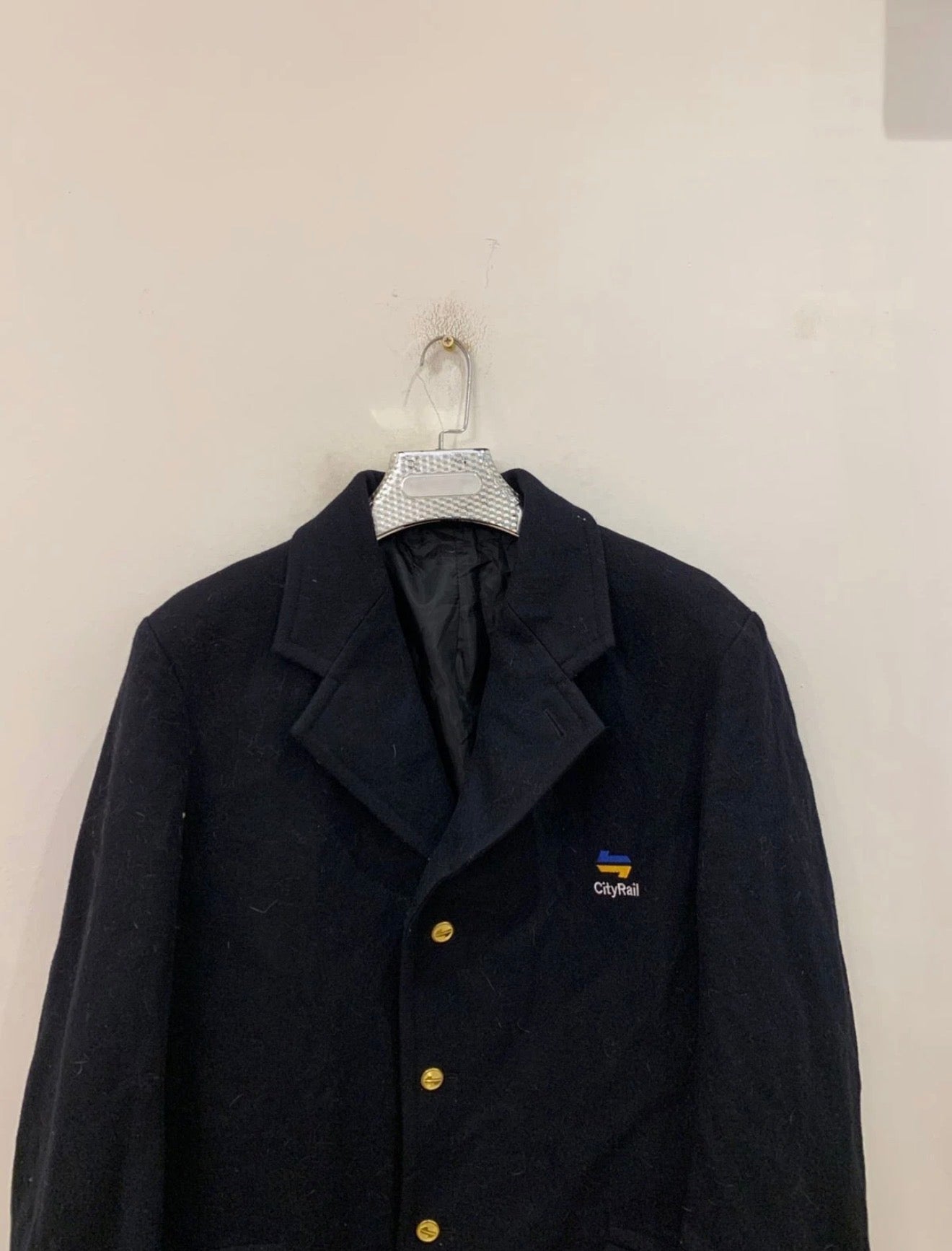 Vintage pure woollen wool classic gold button navy over coat 44R