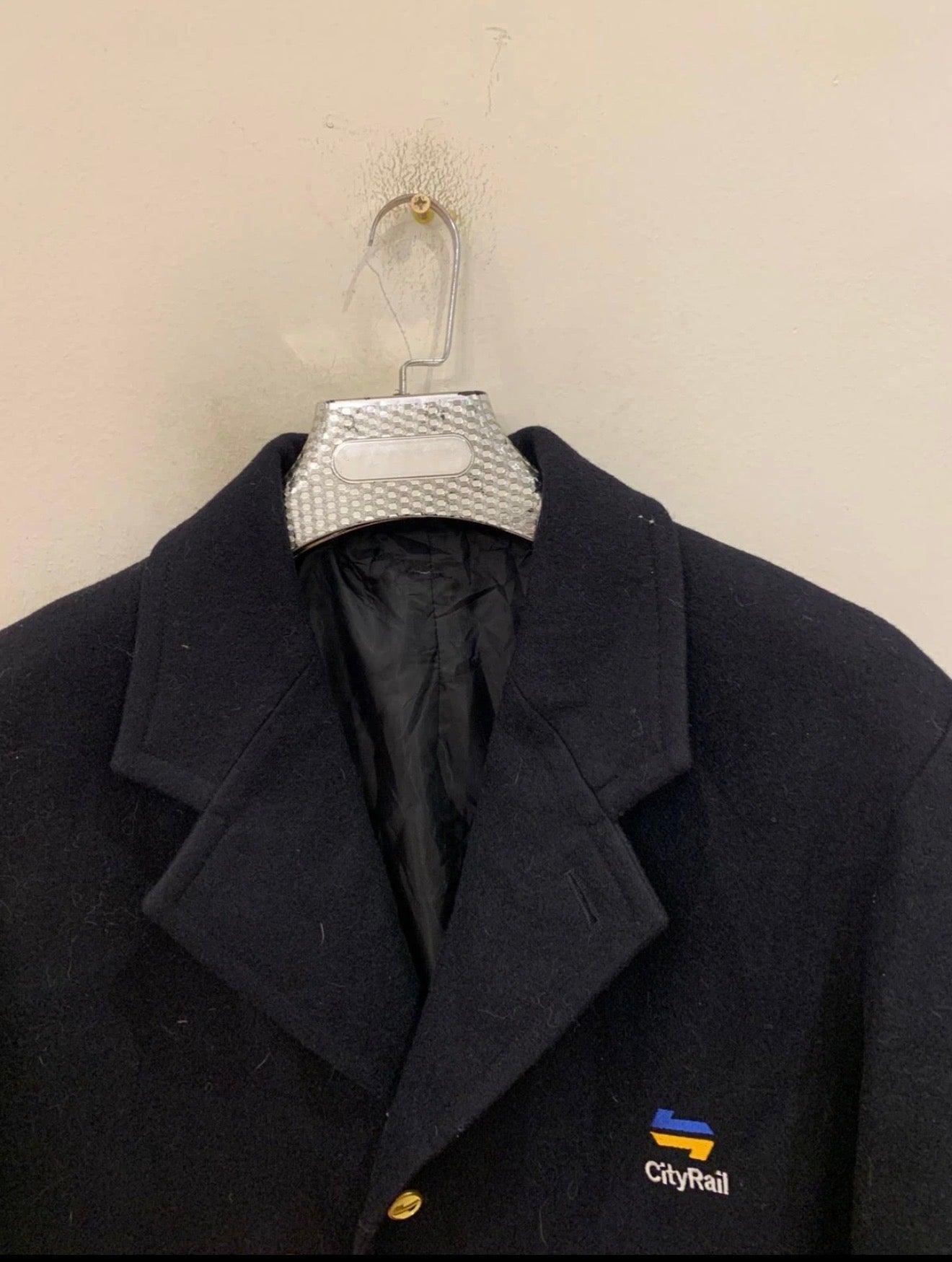 Vintage pure woollen wool classic gold button navy over coat 44R