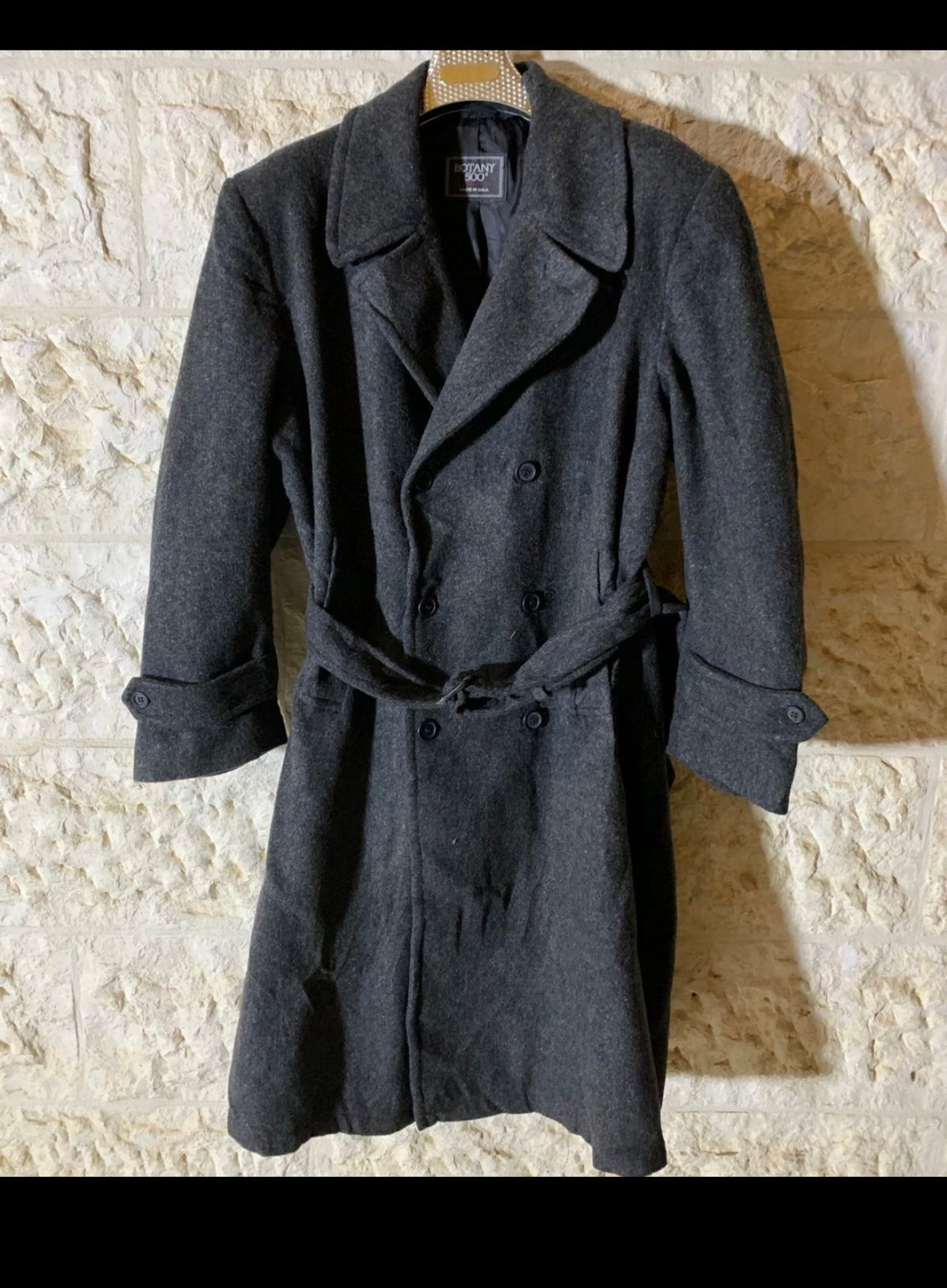 Vintage Botany 500 pure wool belted charcoal double breasted over coat 48R XL