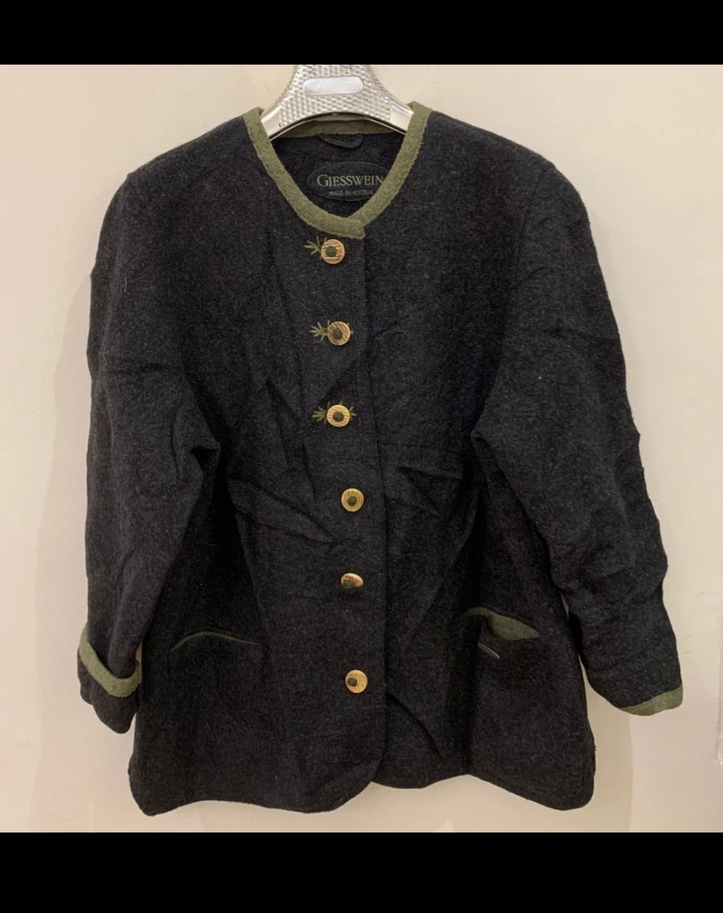 Vintage Giesswein Tiroler Pure woollen wool charcoal jacket sweater 44 L 14