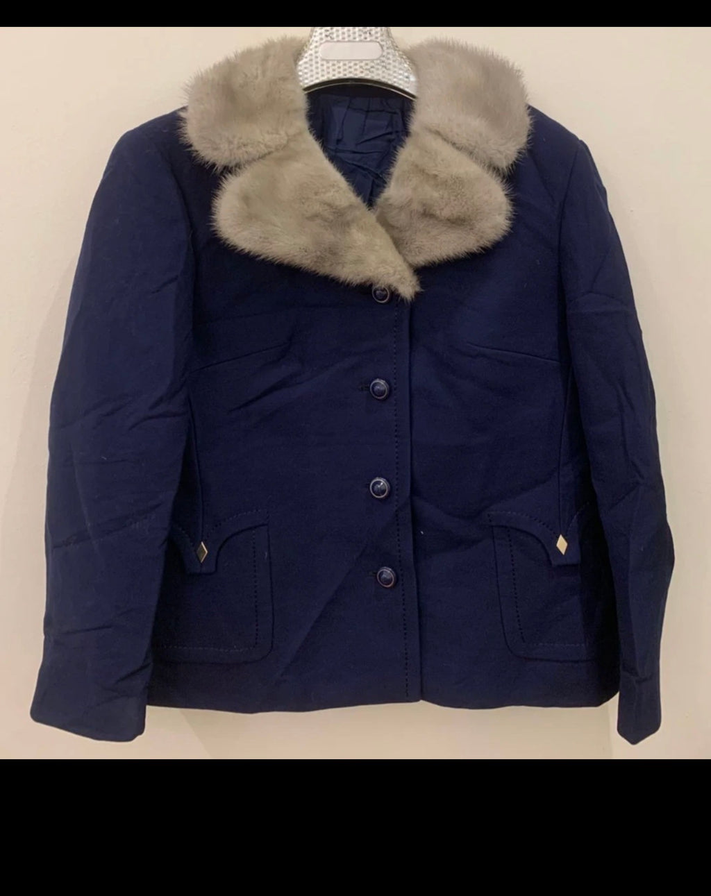 1970s Vintage Pure wool mink Fur Collar Classic blue jacket sweater 42 M 12