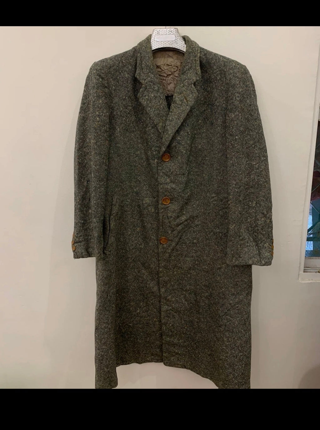 1960s vintage pure wool tweed greenish classic camouflage over coat 42R