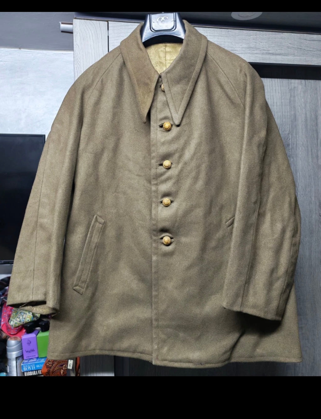 1970s Vintage pure wool gold button military army raglan jacket coat 46R 46S XL