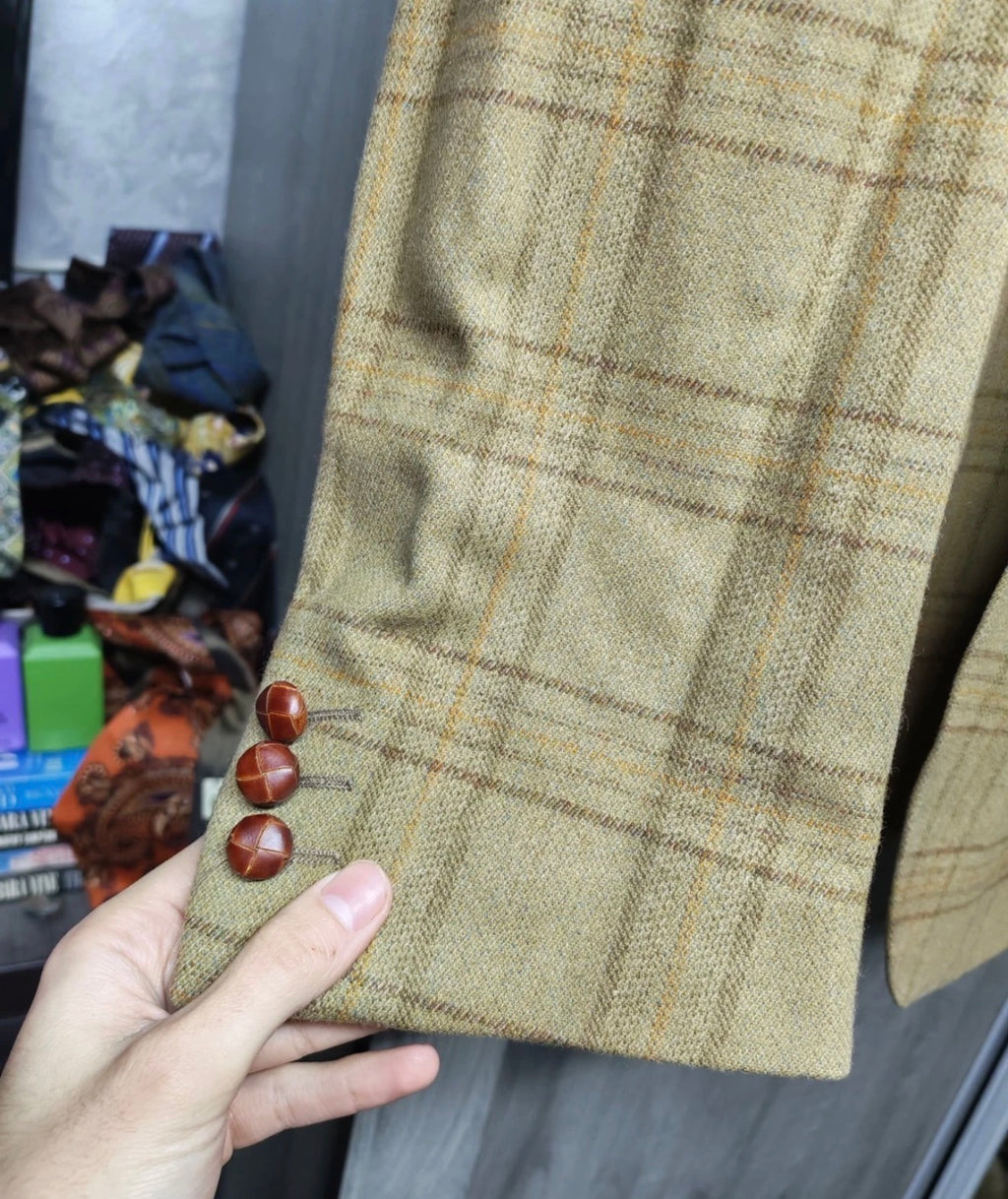 Vintage pure wool Windowpane brown classic hunting jacket blazer 44R L