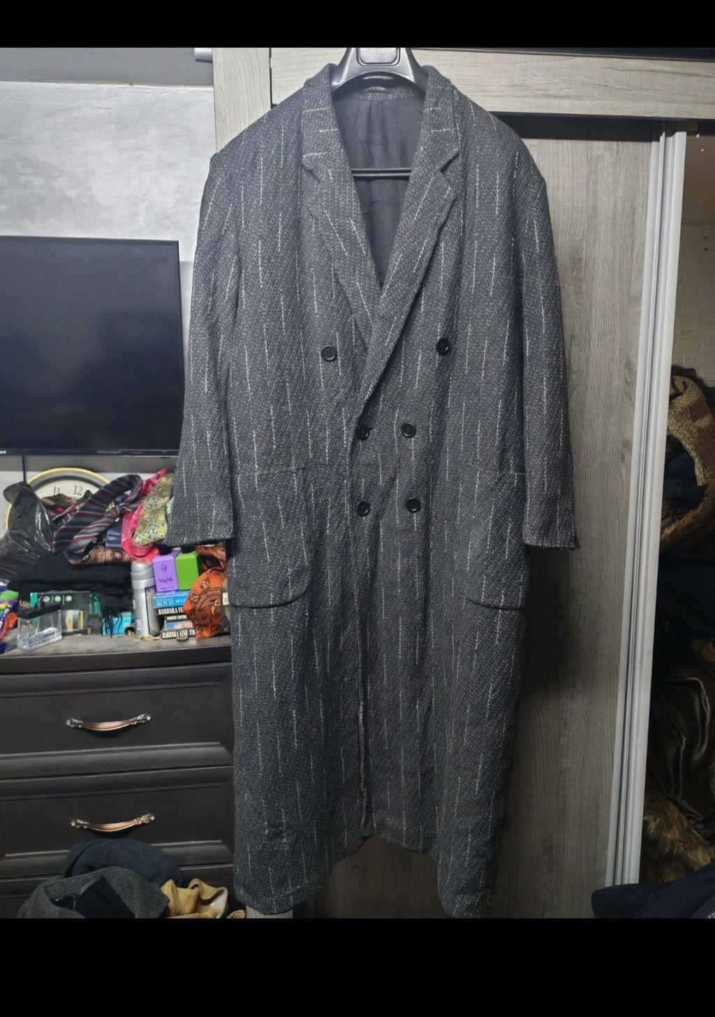 Vintage wool blend double breasted classic charcoal striped over coat 46R XL