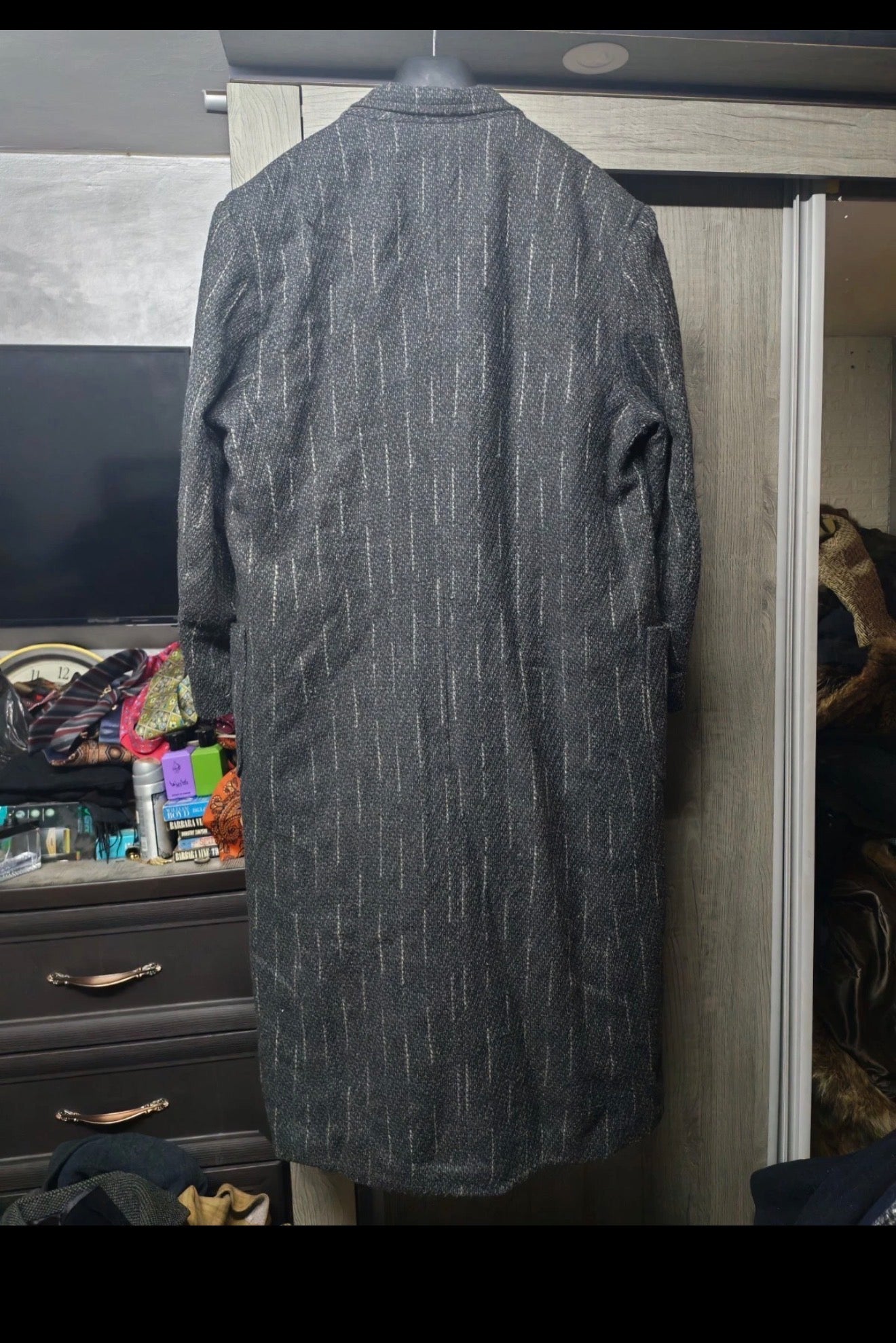 Vintage wool blend double breasted classic charcoal striped over coat 46R XL
