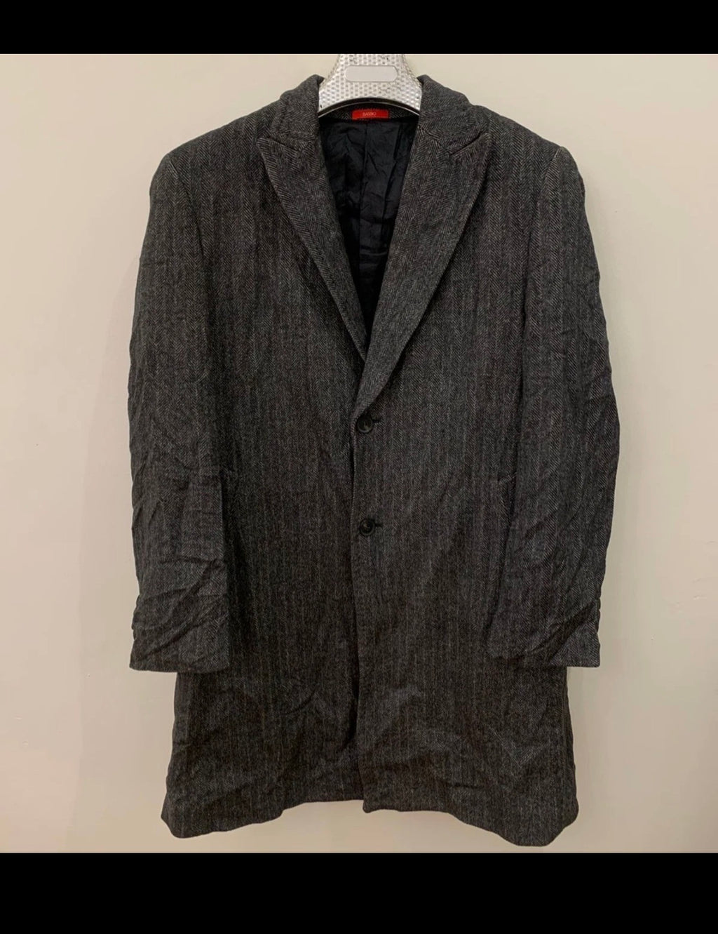 Classic style Basso wool blend peak lapel herringbone charcoal over coat 42R