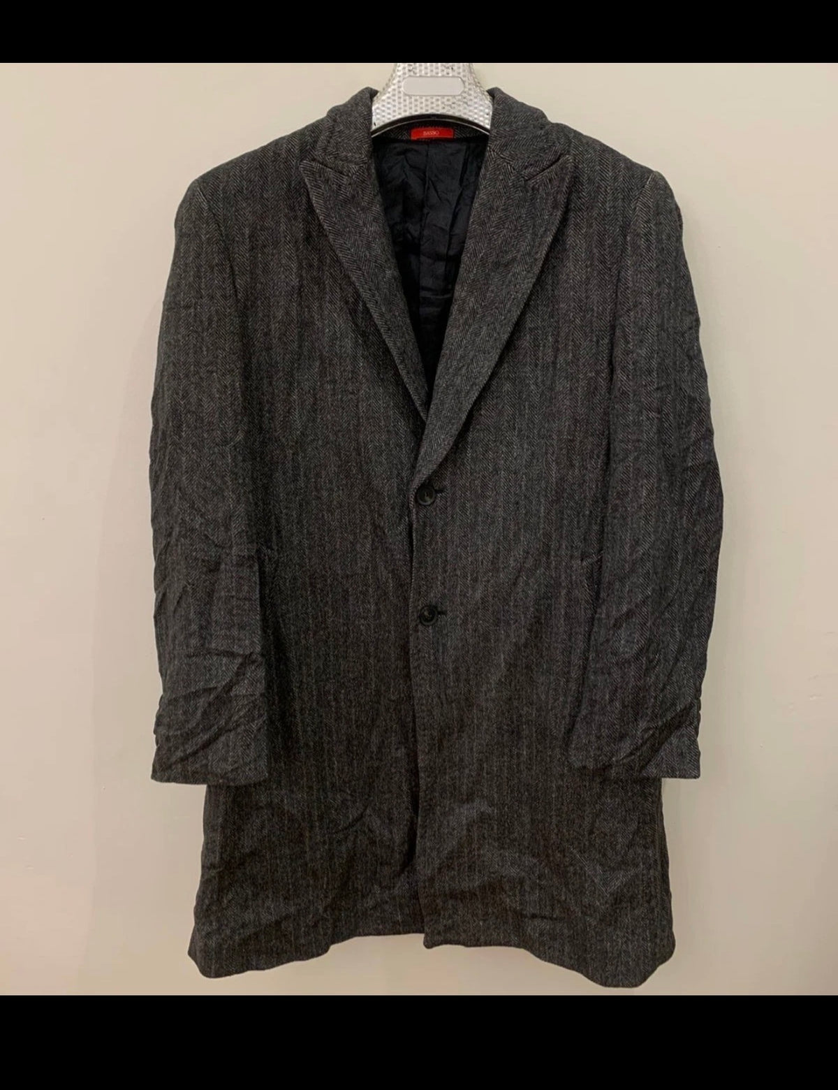 Classic style Basso wool blend peak lapel herringbone charcoal over coat 42R