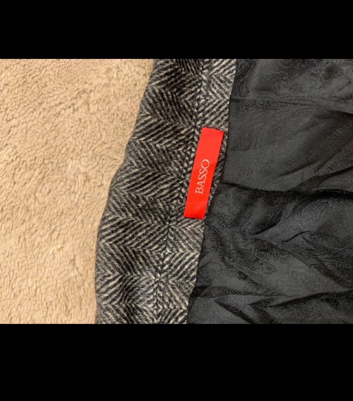 Classic style Basso wool blend peak lapel herringbone charcoal over coat 42R