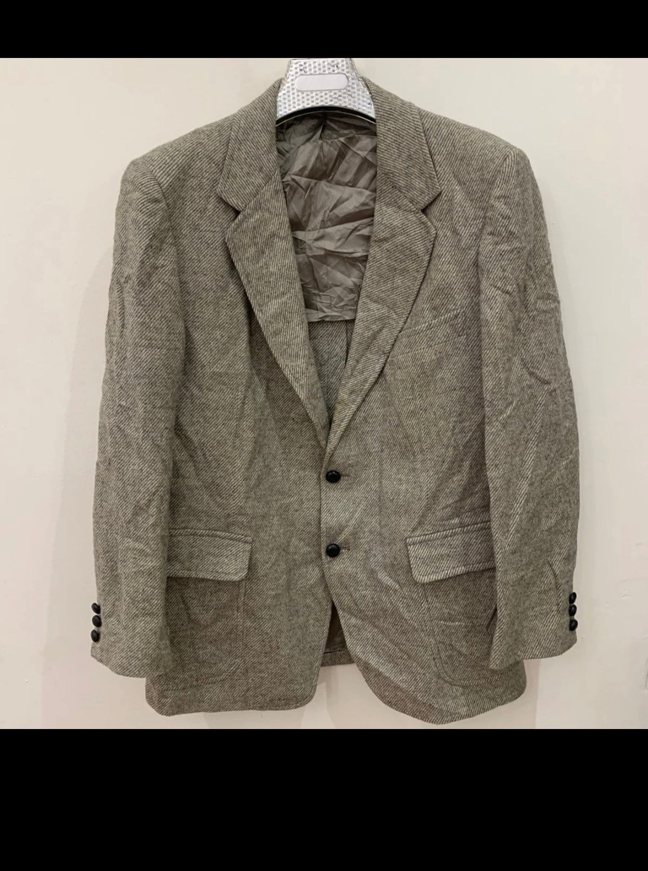 Vintage handtailored pure wool handwoven tweed grayish beige jacket blazer 42R