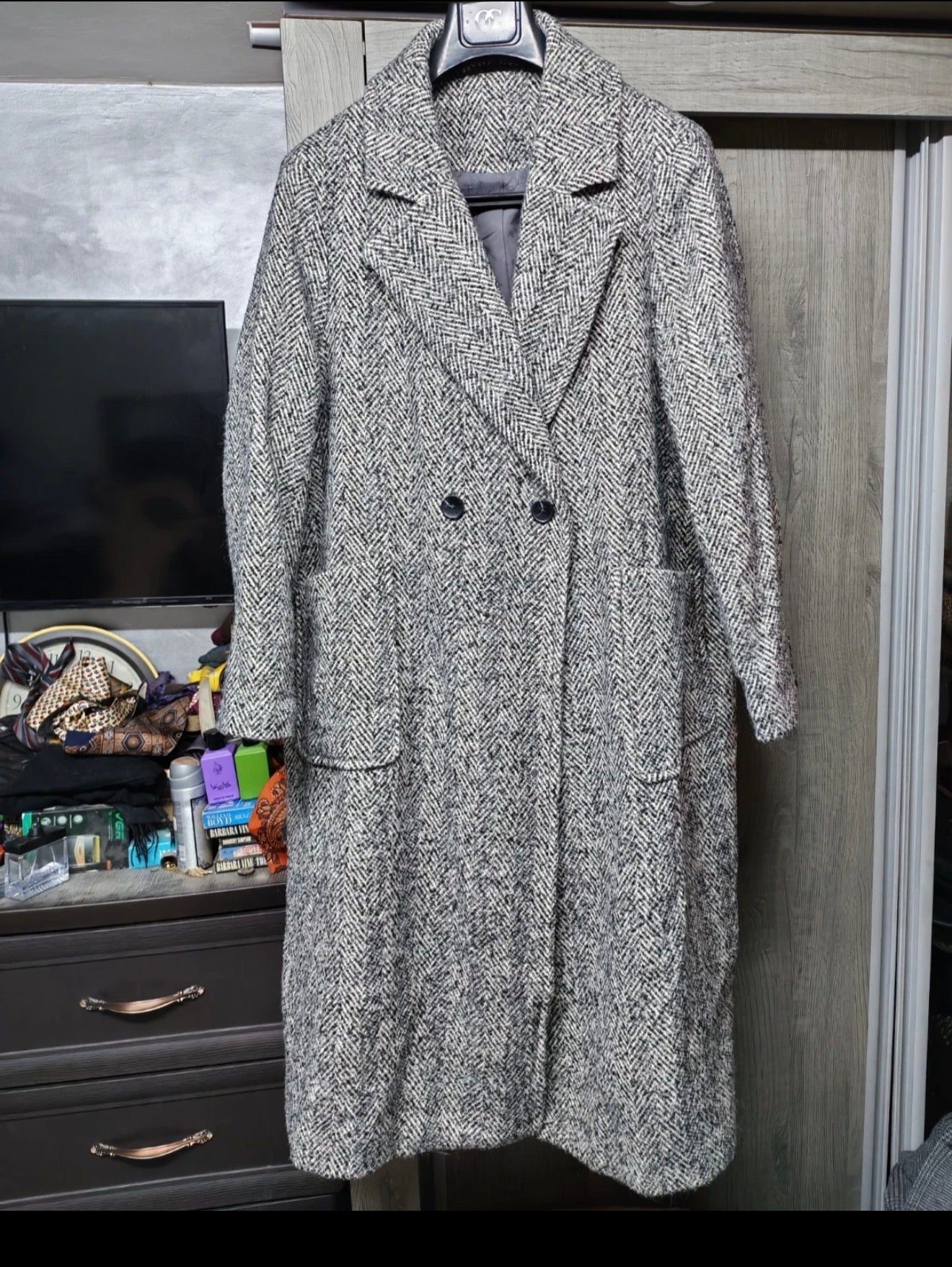 Classic style Wool blend herringbone double breasted gray over coat 20 50 2XL