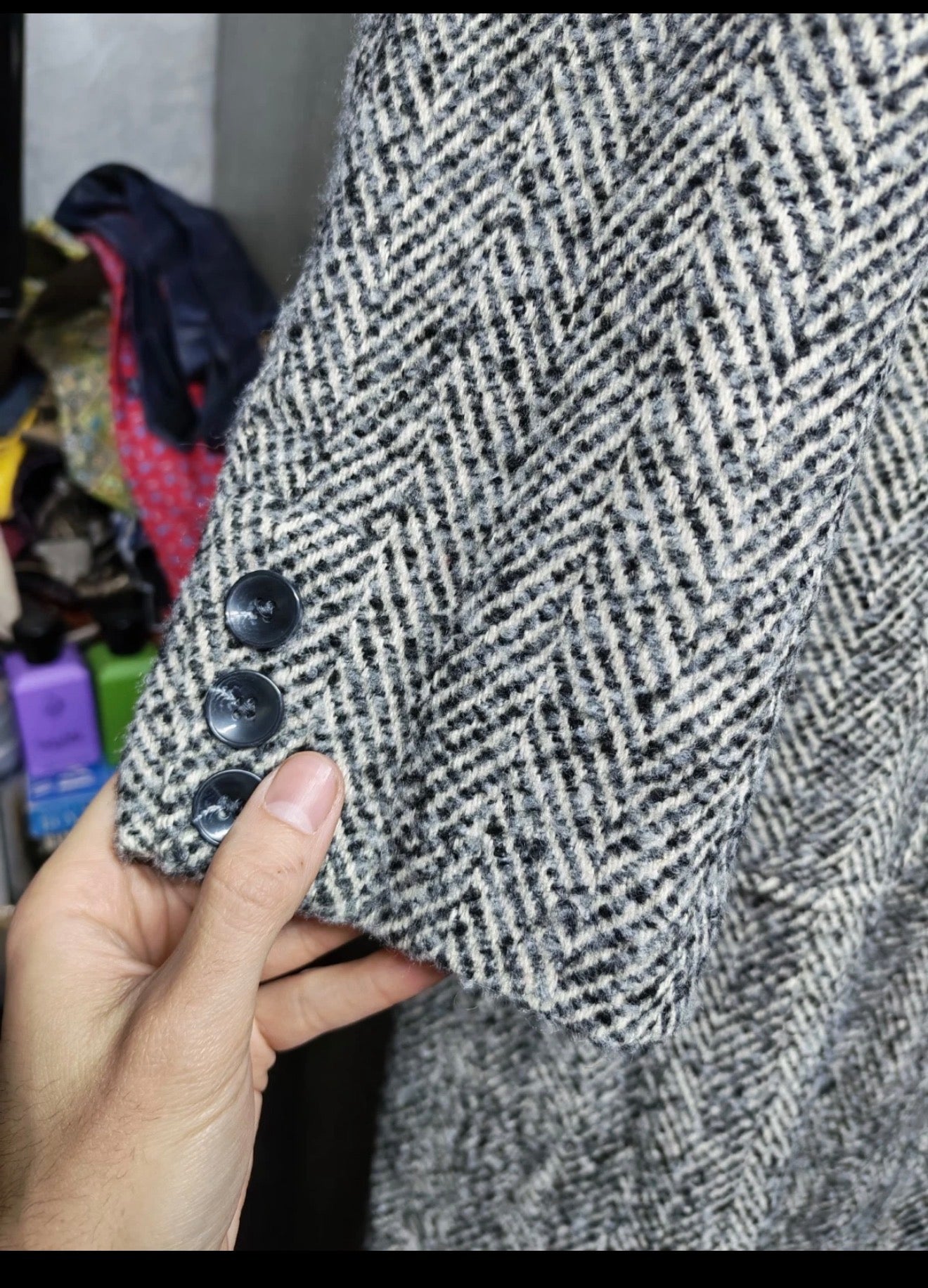 Classic style Wool blend herringbone double breasted gray over coat 20 50 2XL