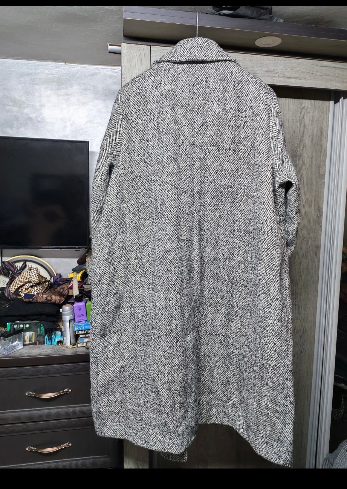 Classic style Wool blend herringbone double breasted gray over coat 20 50 2XL