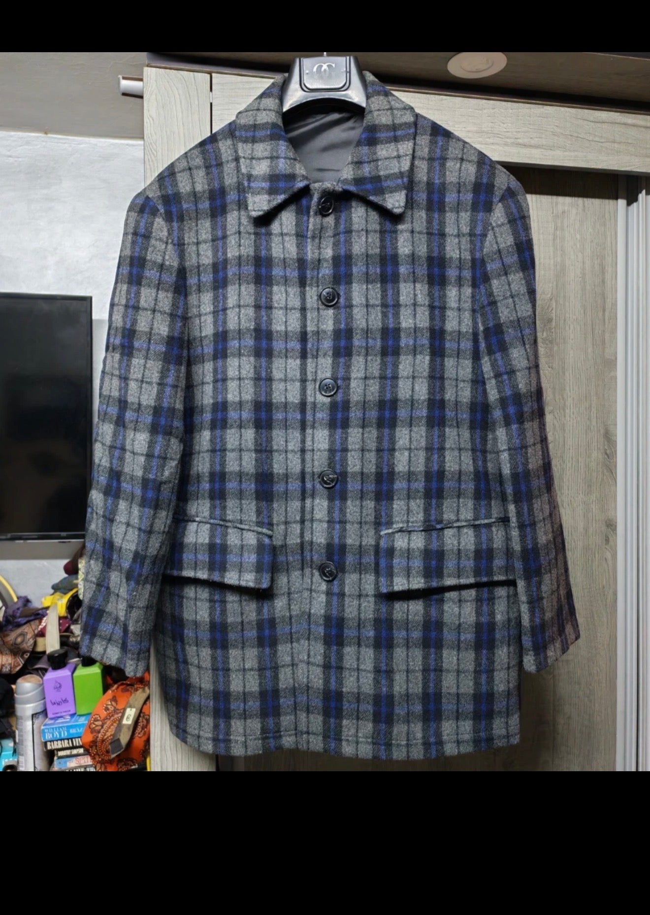 Vintage woollen wool classic Windowpane plaid jacket sweater 44R L