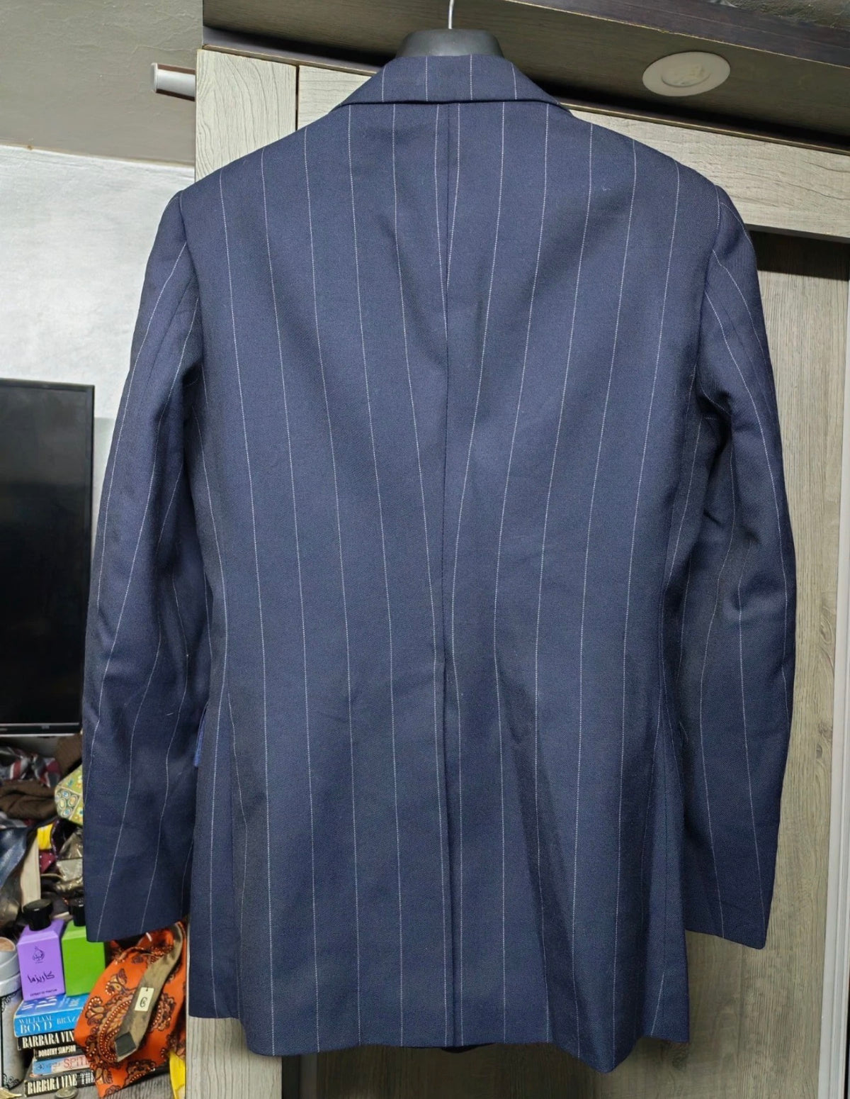 1970s vintage wool classic navy chalk stripes suit jacket blazer 38R
