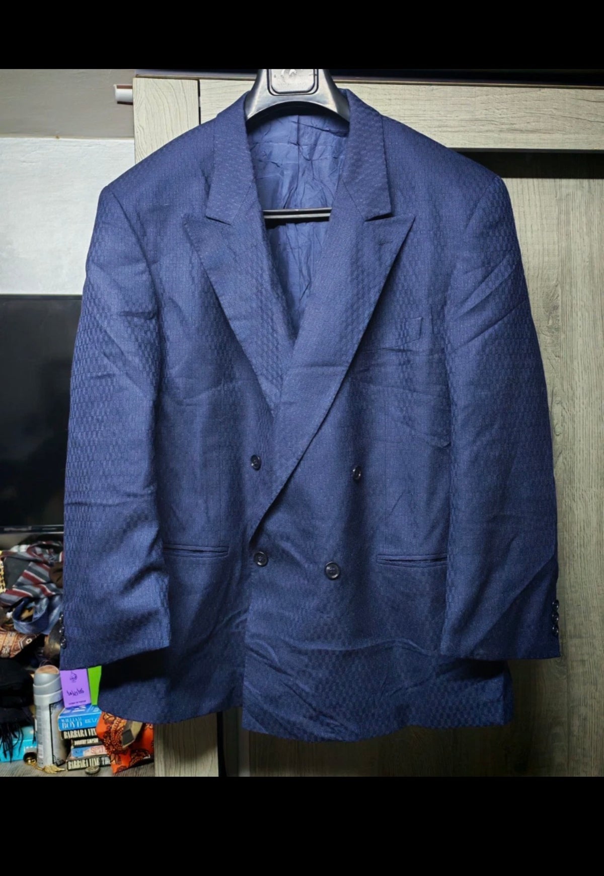 Vintage classic pure wool double breasted navy camouflage jacket blazer 44R