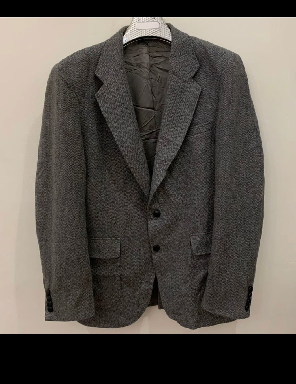 Vintage pure wool handwoven Tweed herringbone gray hunting jacket blazer 42L