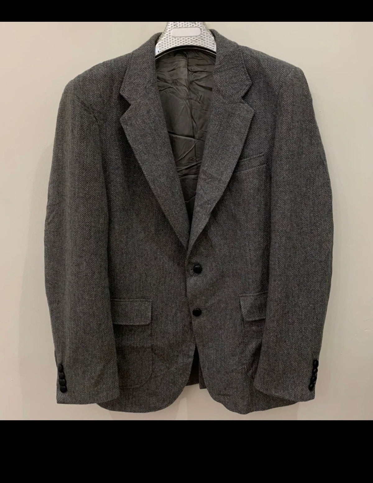 Vintage pure wool handwoven Tweed herringbone gray hunting jacket blazer 42L