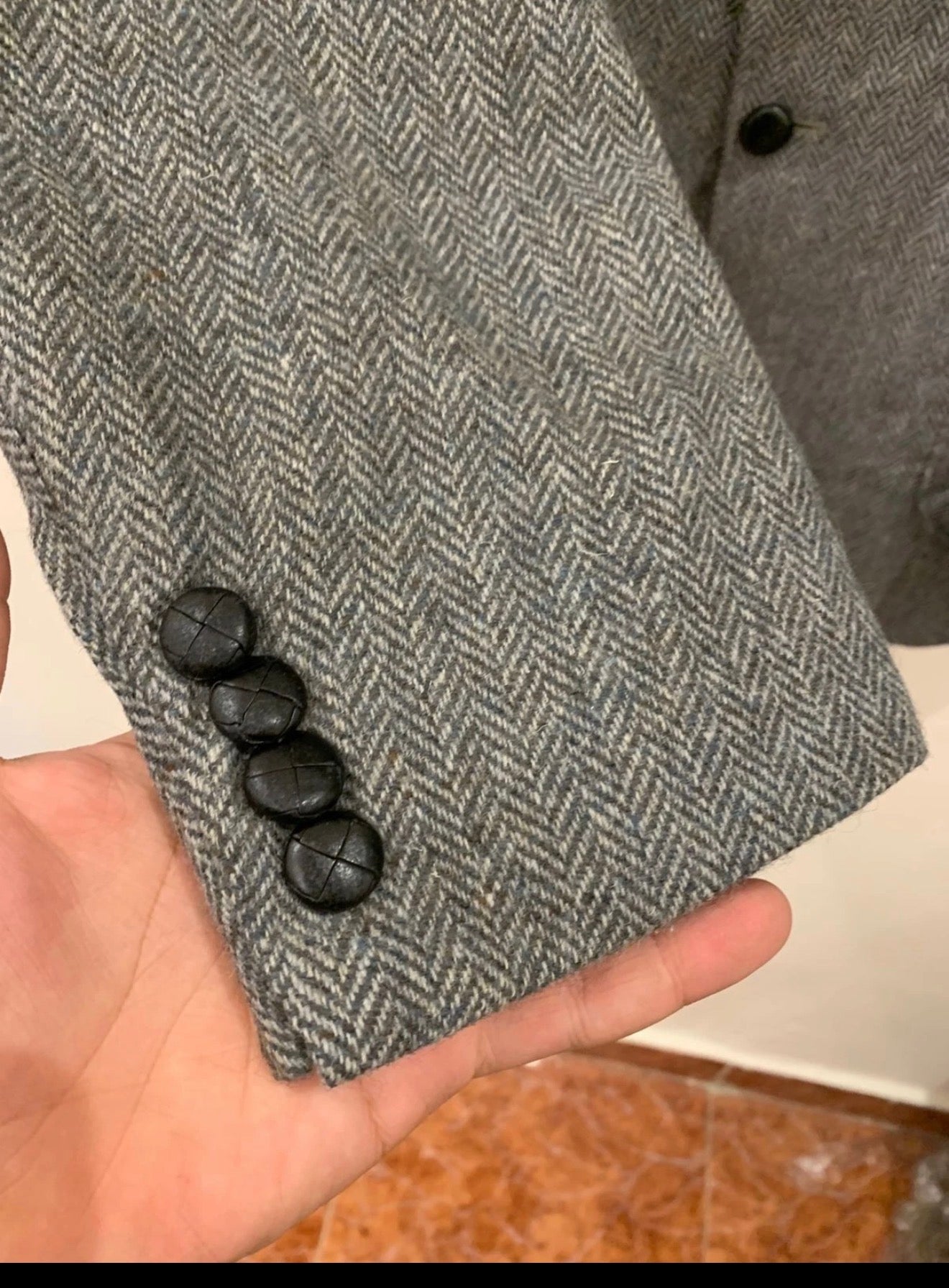 Vintage pure wool handwoven Tweed herringbone gray hunting jacket blazer 42L
