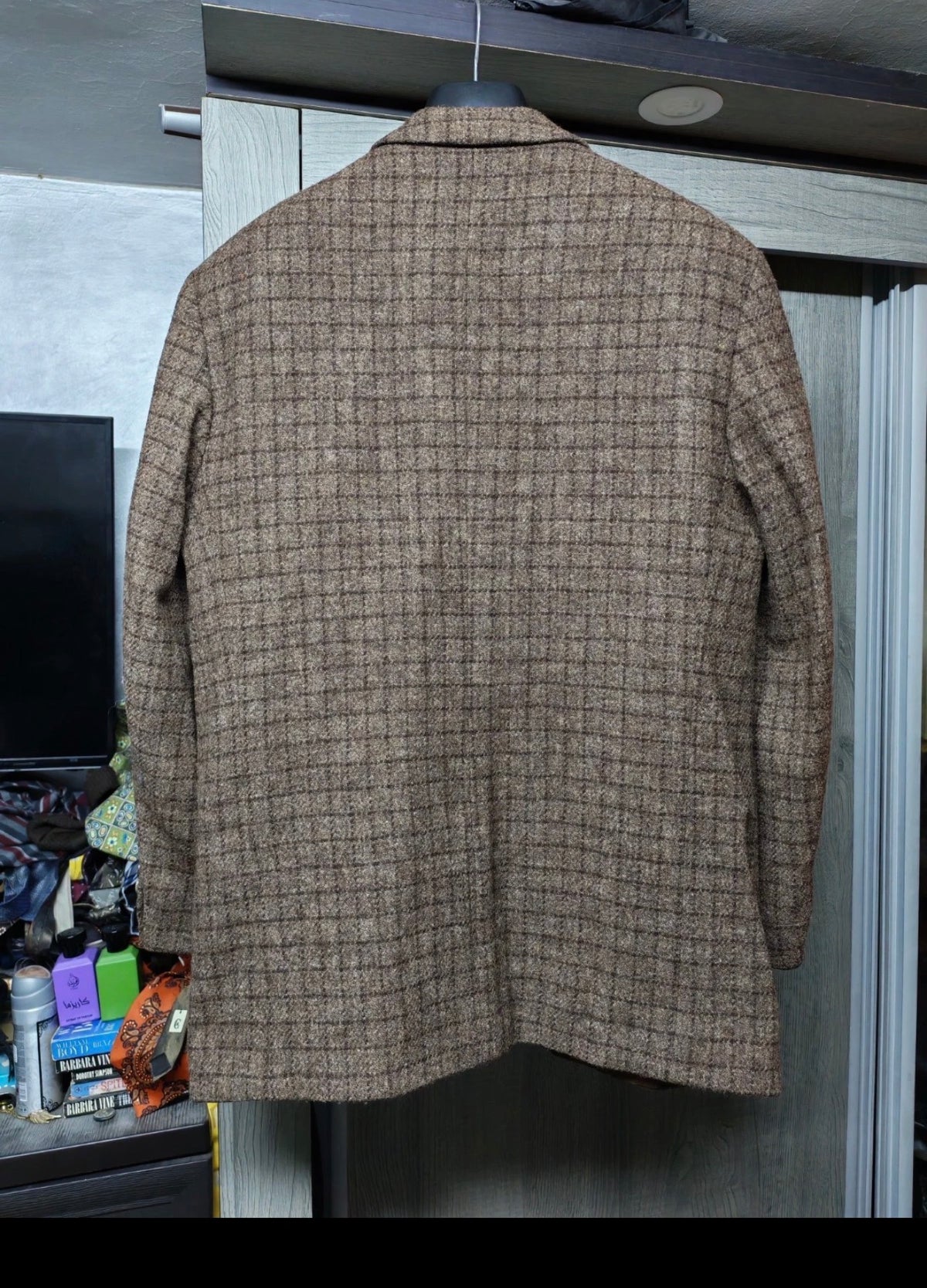 Vintage pure wool handwoven tweed Windowpane plaid brown jacket blazer 42R