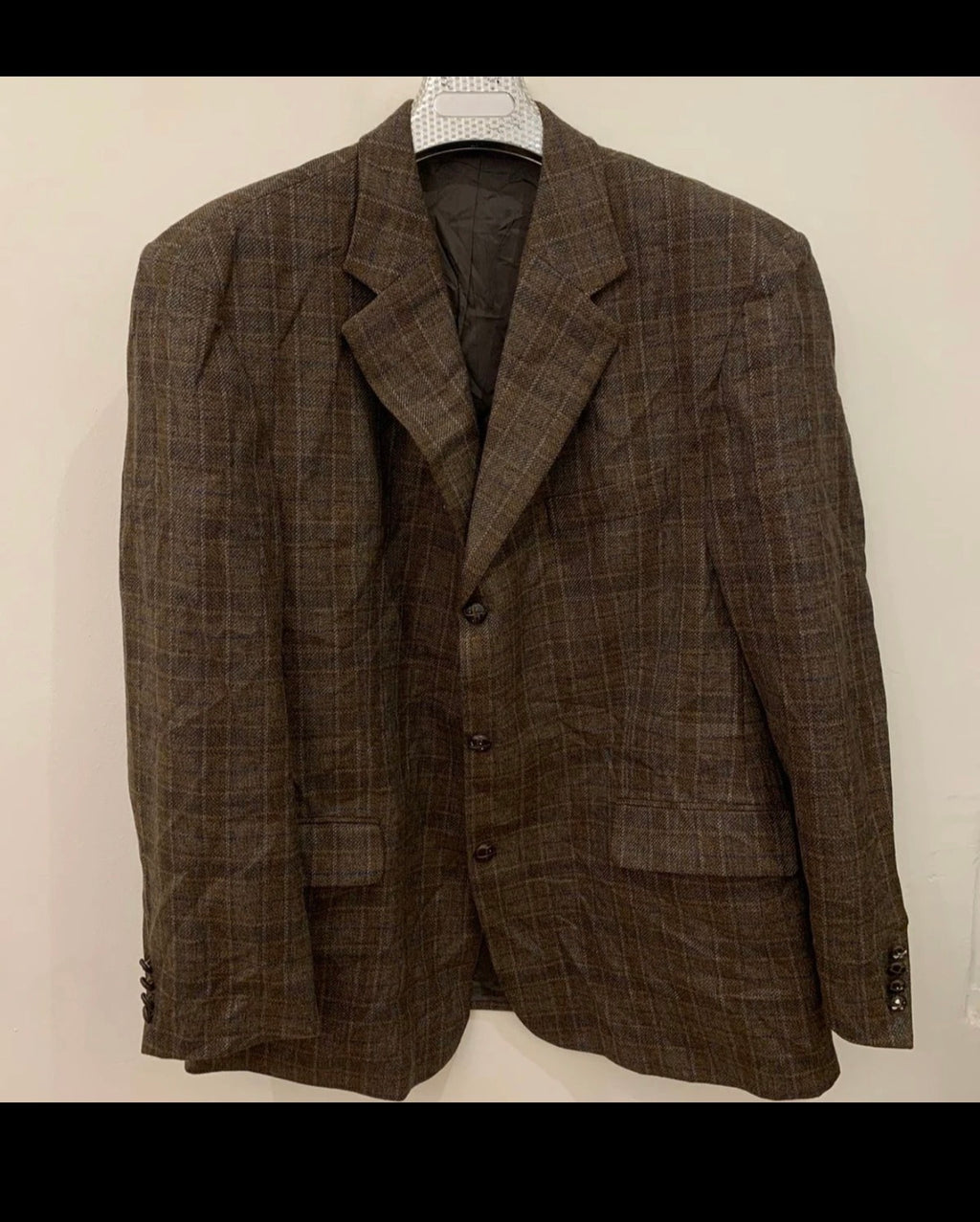 Vintage pure wool tweed Windowpane classic brown hunting jacket blazer 46R XL