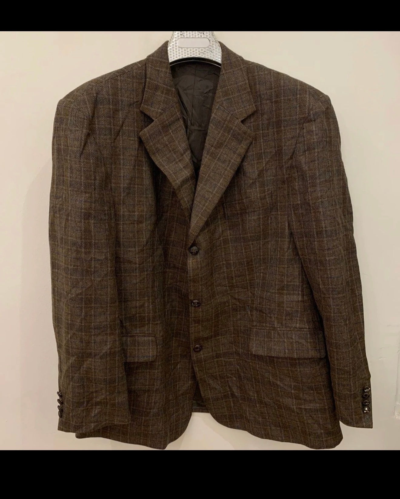 Vintage pure wool tweed Windowpane classic brown hunting jacket blazer 46R XL