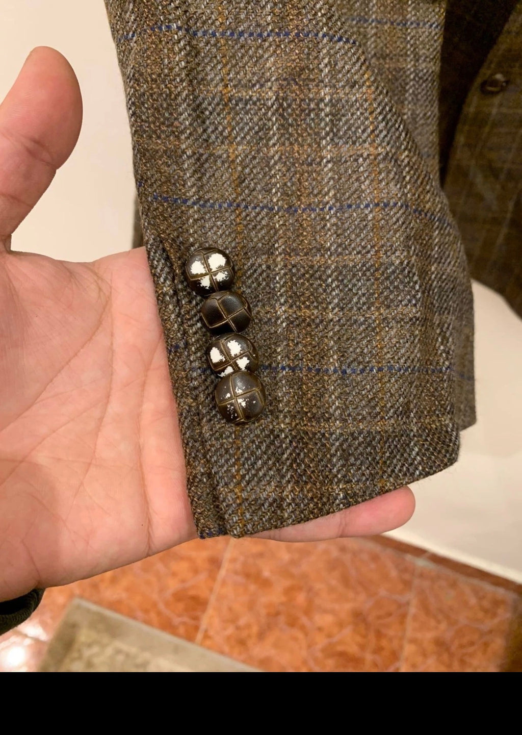 Vintage pure wool tweed Windowpane classic brown hunting jacket blazer 46R XL