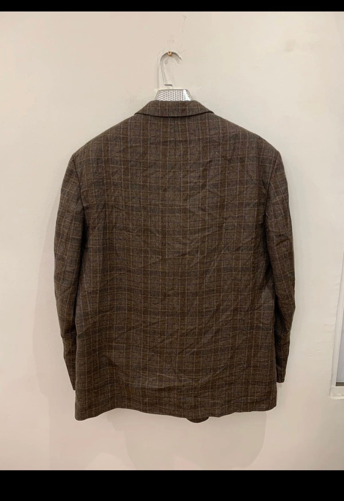 Vintage pure wool tweed Windowpane classic brown hunting jacket blazer 46R XL