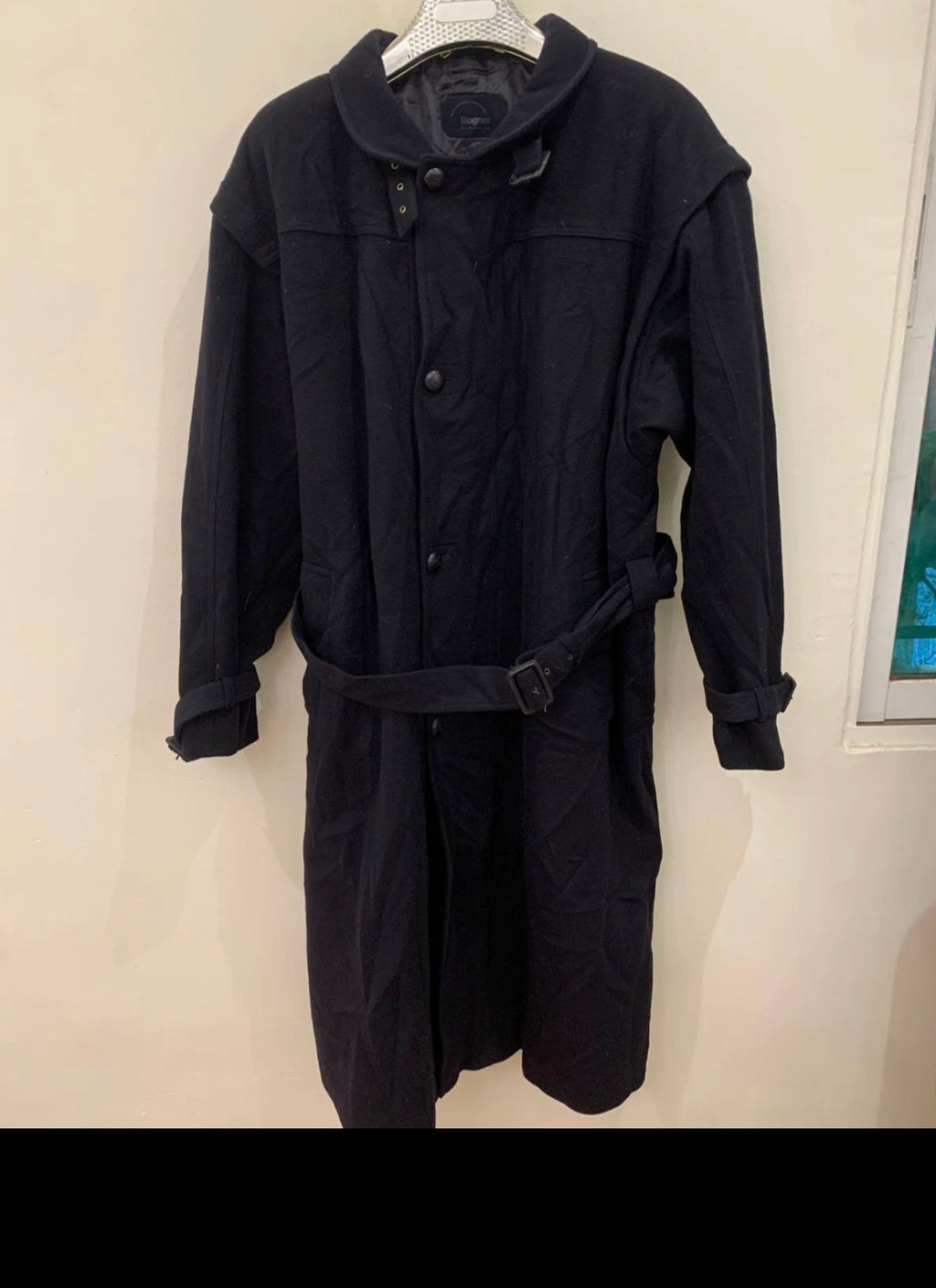 Vintage Bogner pure wool classic belted navy long over coat 50R 2XL