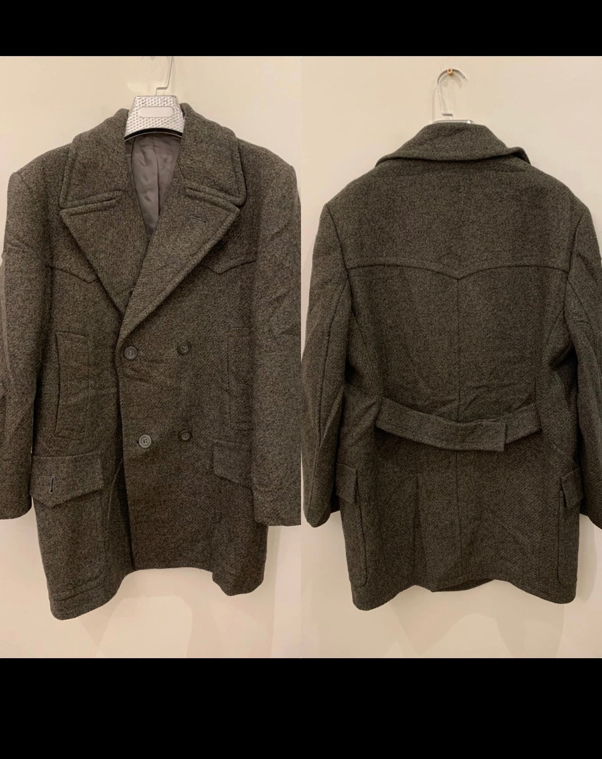 1970s Vintage Pure woollen Wool double breasted belted green over coat 42R