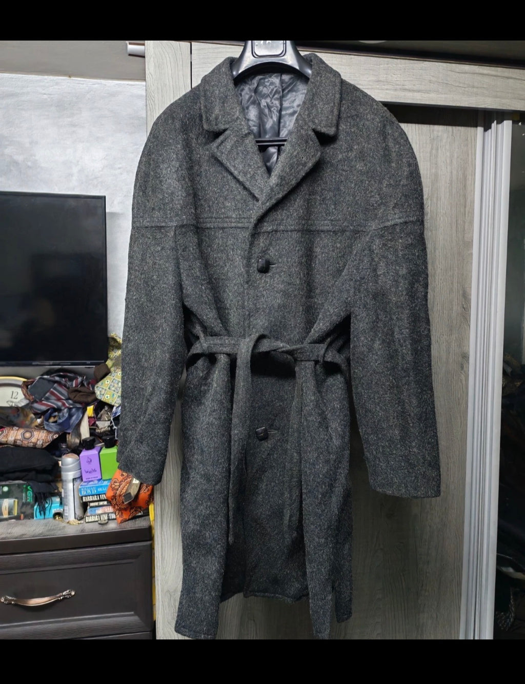 1970s Vintage wool mohair alpaca belted raglan charcoal over coat 50R 2XL