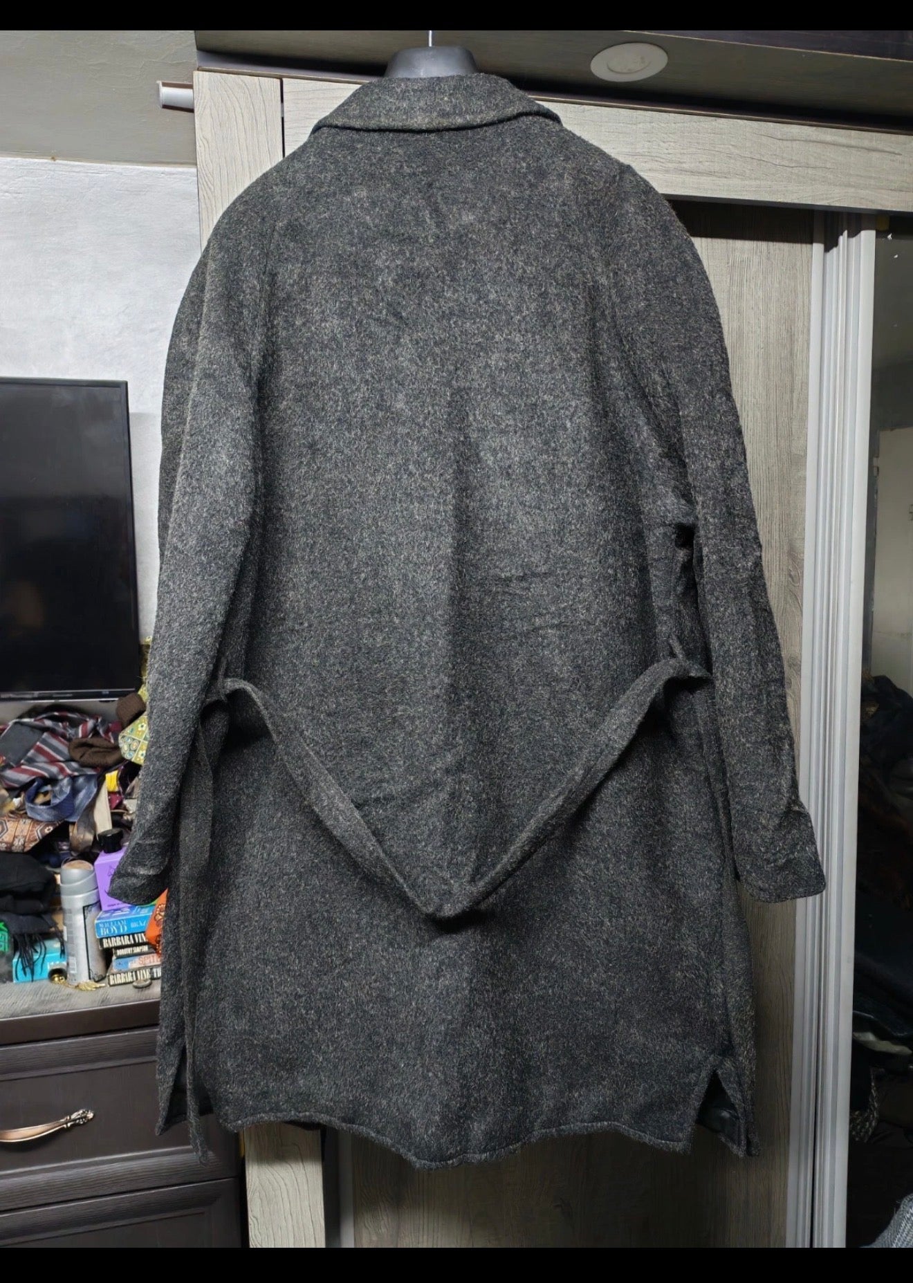 1970s Vintage wool mohair alpaca belted raglan charcoal over coat 50R 2XL