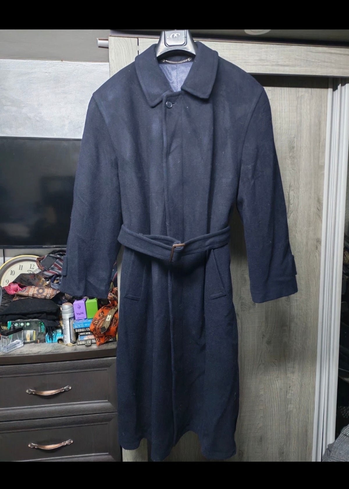Vintage Emilio Nandini pure wool belted navy classic over coat 46R XL