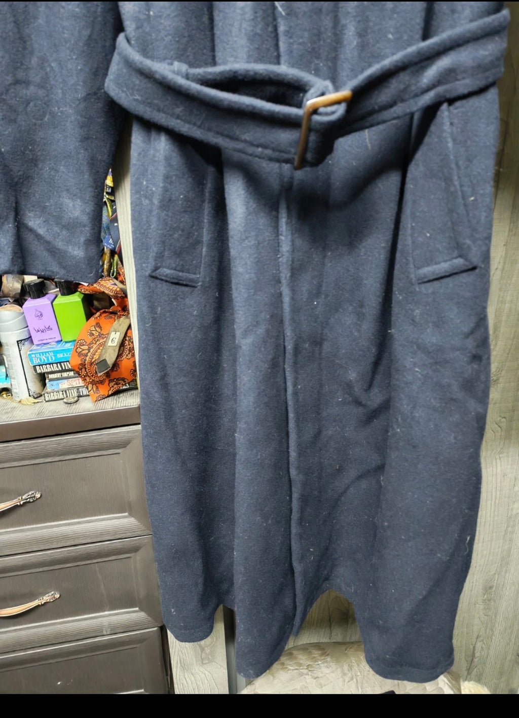 Vintage Emilio Nandini pure wool belted navy classic over coat 46R XL