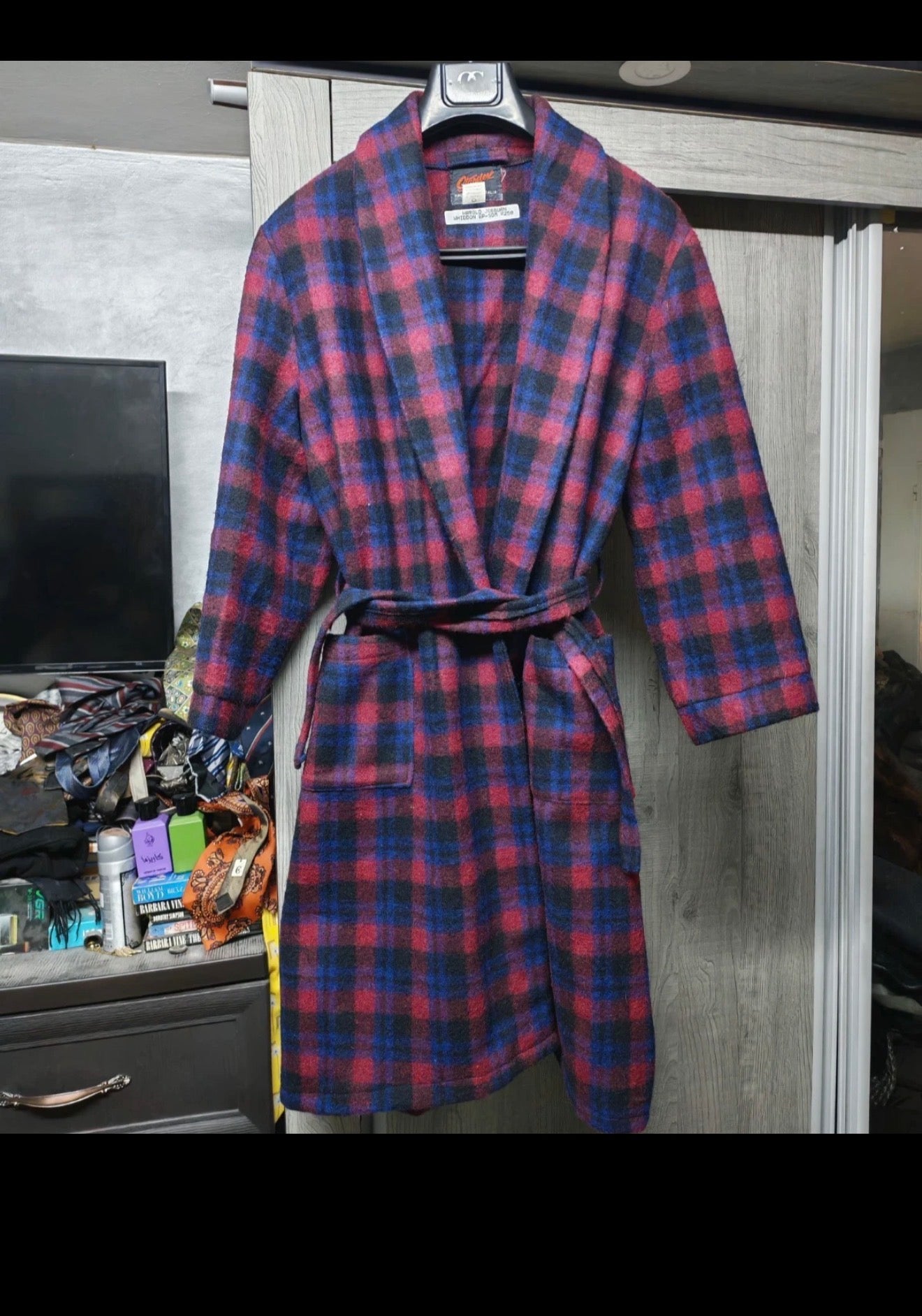 Vintage woollen wool classic plaid belted Rope over coat 44R 44S L