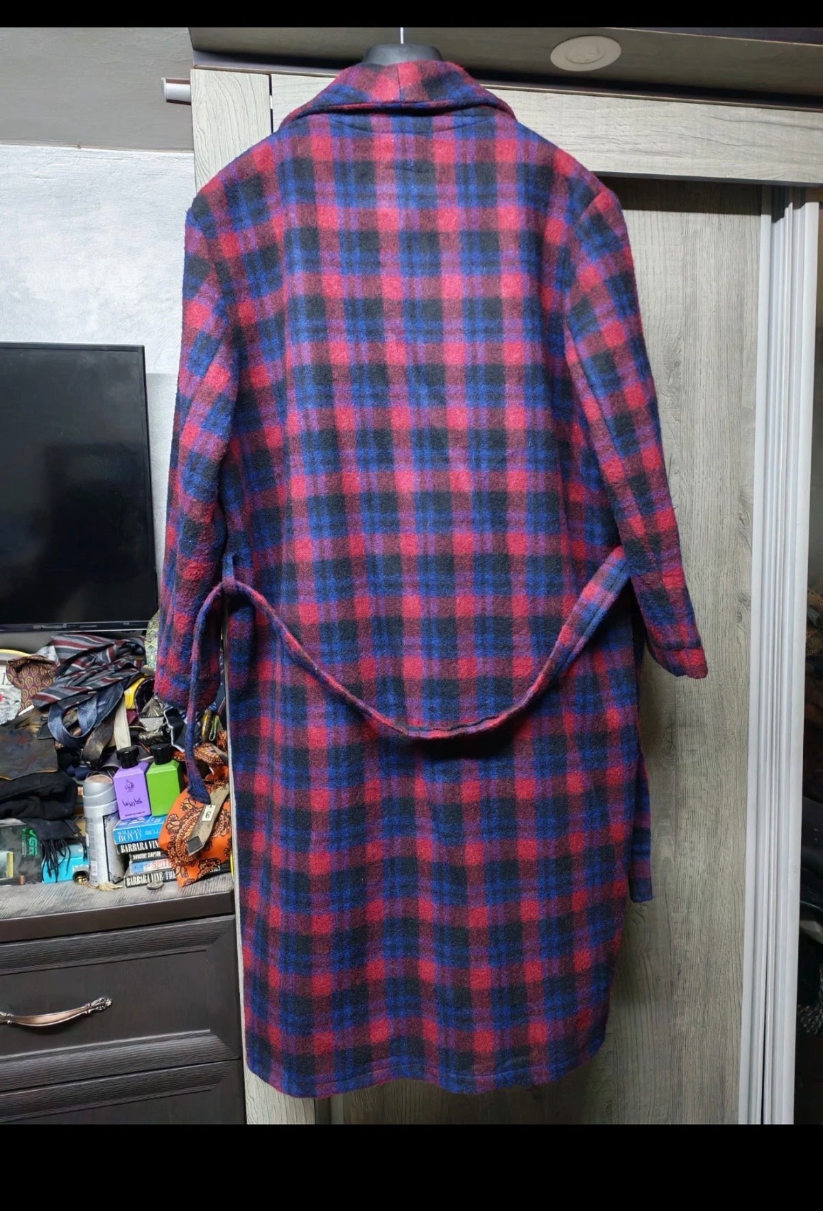 Vintage woollen wool classic plaid belted Rope over coat 44R 44S L