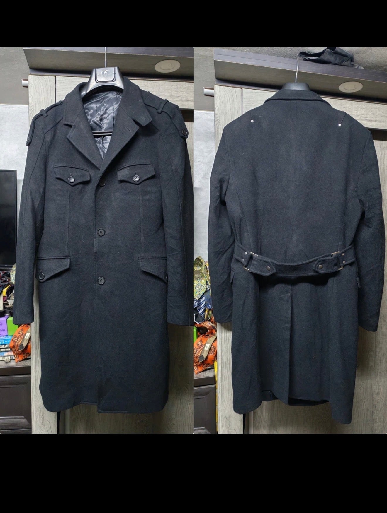Classic style Spago Uomo wool blend belted black over coat 38R 38L