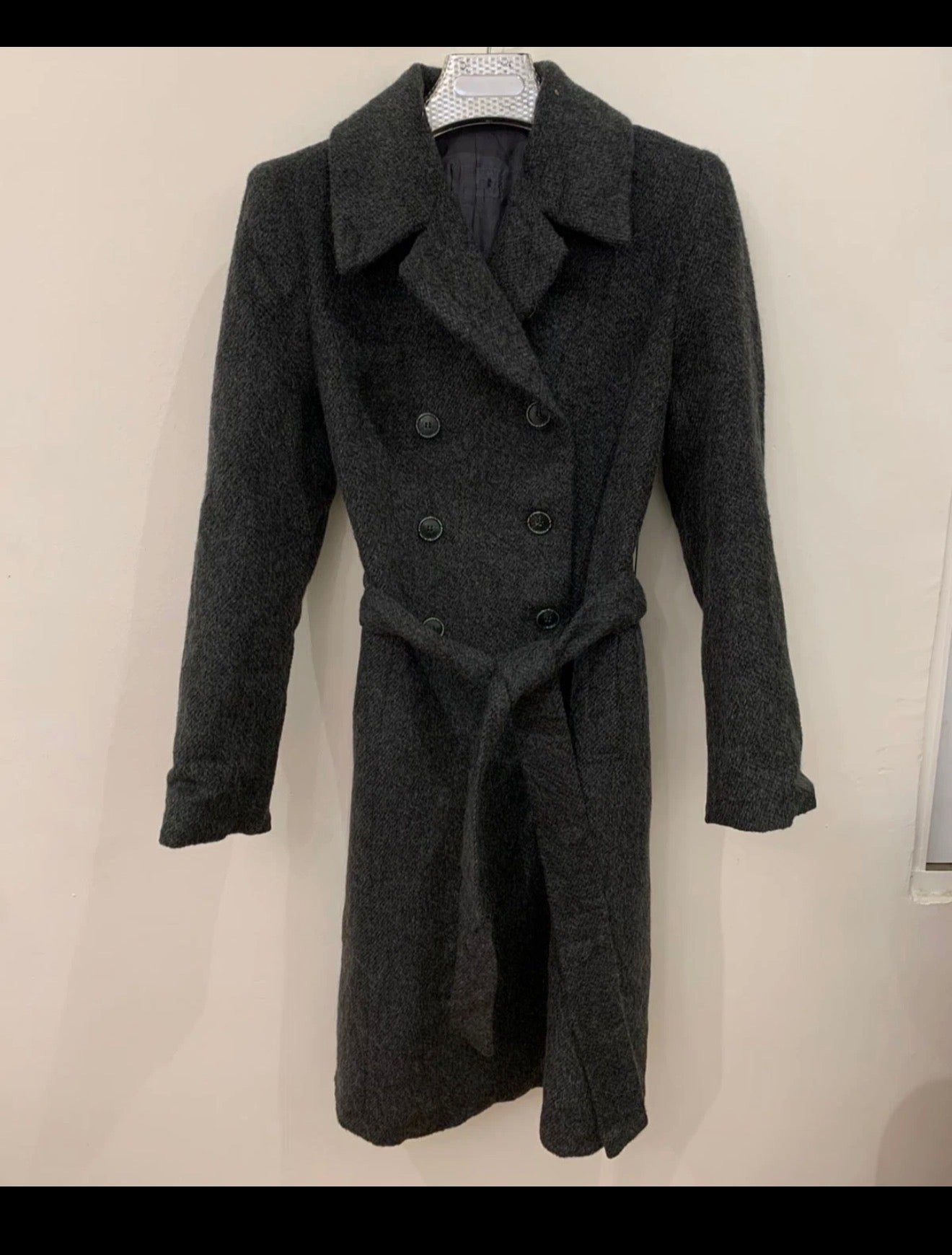 Vintage Wool Mohair Alpaca double breasted belted charcoal over coat 36 S 6