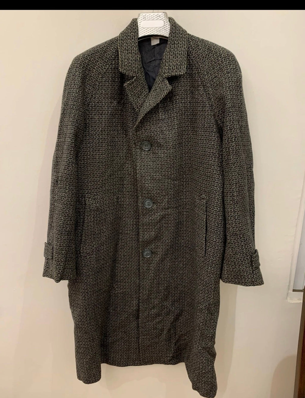 Vintage pure wool handwoven tweed camouflage charcoal raglan over coat 44R