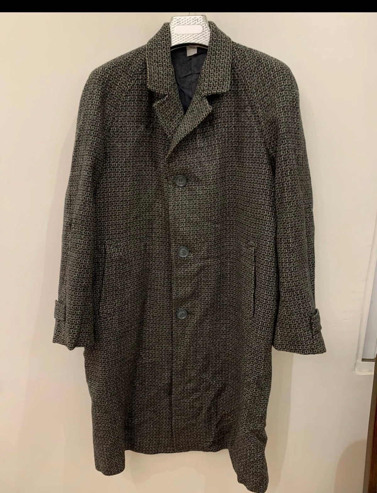 Vintage pure wool handwoven tweed camouflage charcoal raglan over coat 44R