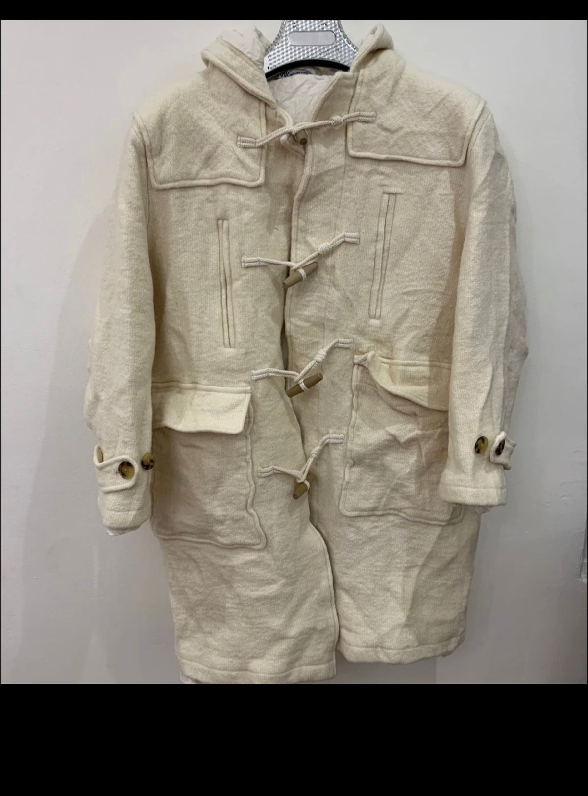 Unique wool blended classic beige hood toggle Duffle coat 42R 42S